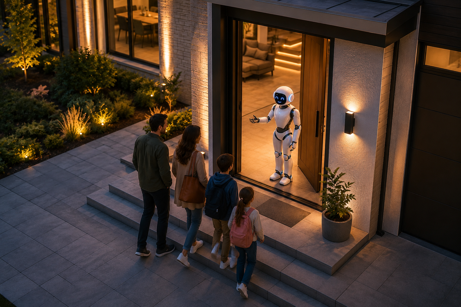 Family arriving at a home with an AI assistant at the front door.