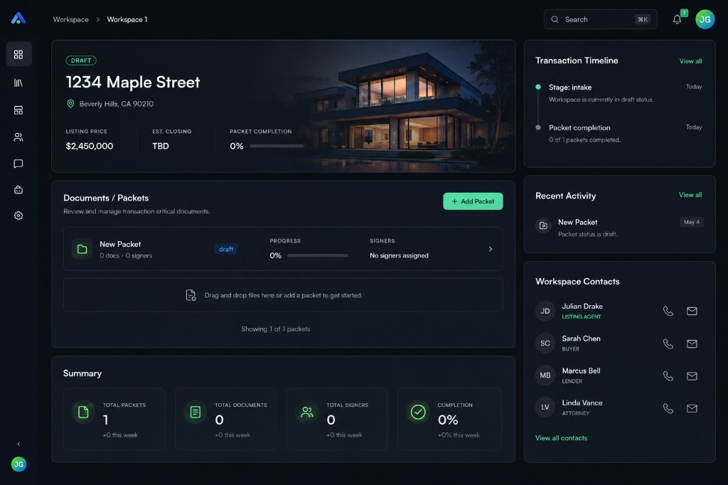 Unreal Agent home sale dashboard with property summary, offer notes, timeline, activity, and contacts.